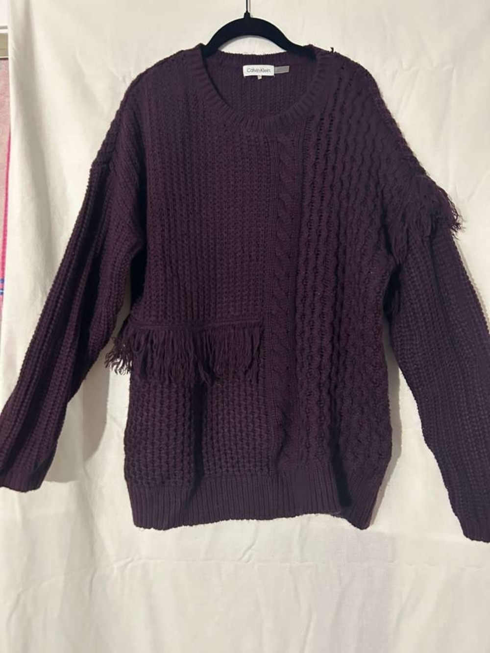 Calvin Klein Women's Dark Plum Cable-Knit Fringe Crewneck Sweater
